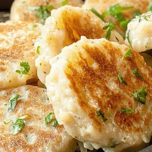 Close-up of pan-fried patties with a garnish of fresh herbs.