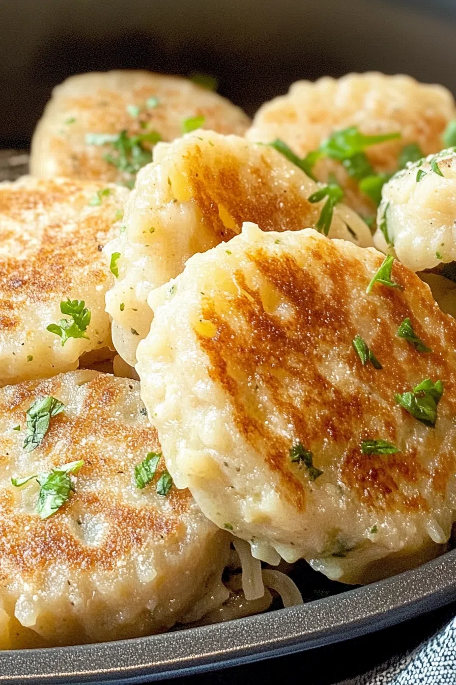 Close-up of pan-fried patties with a garnish of fresh herbs.
