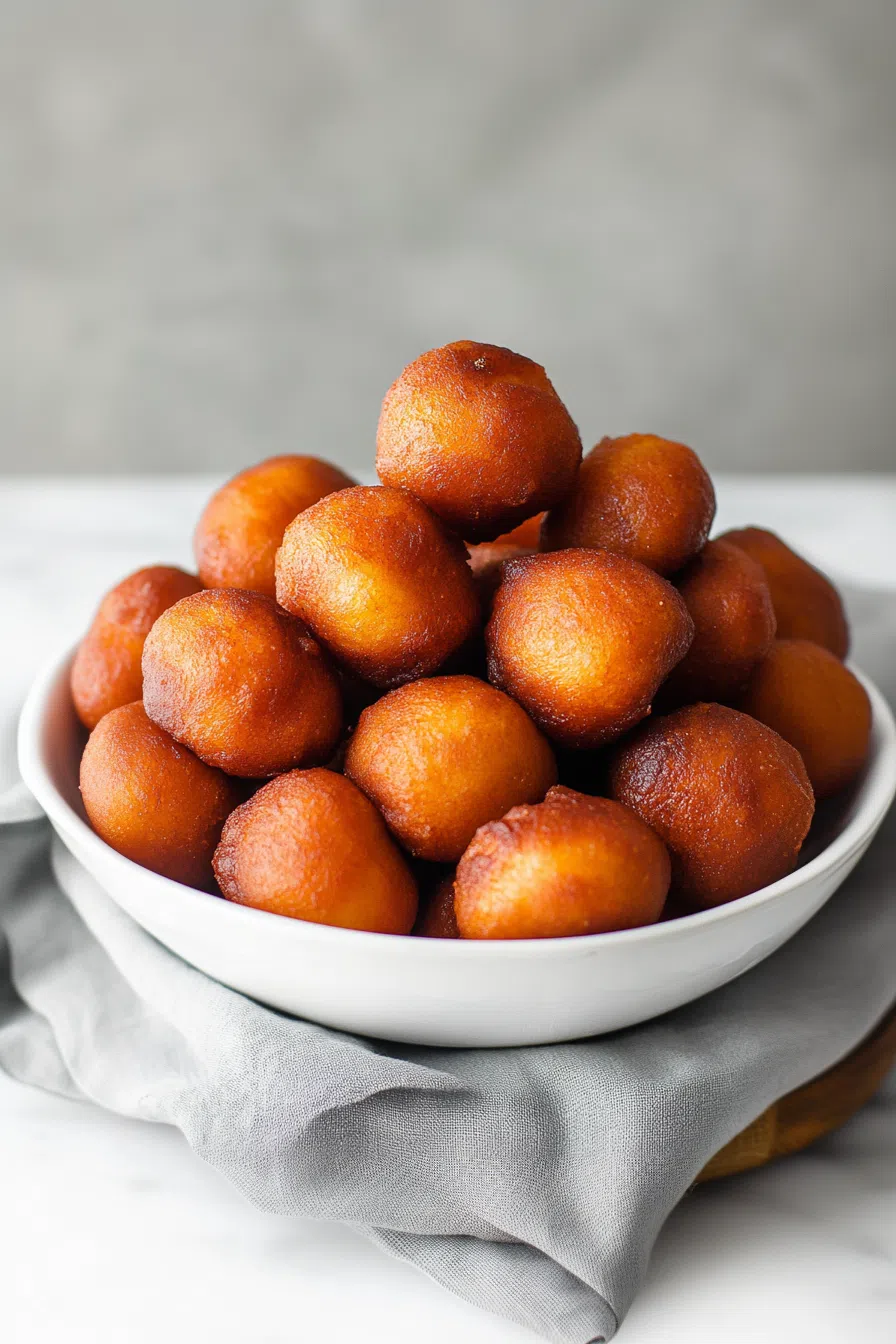 Golden brown fried dough balls piled high on a serving plate.