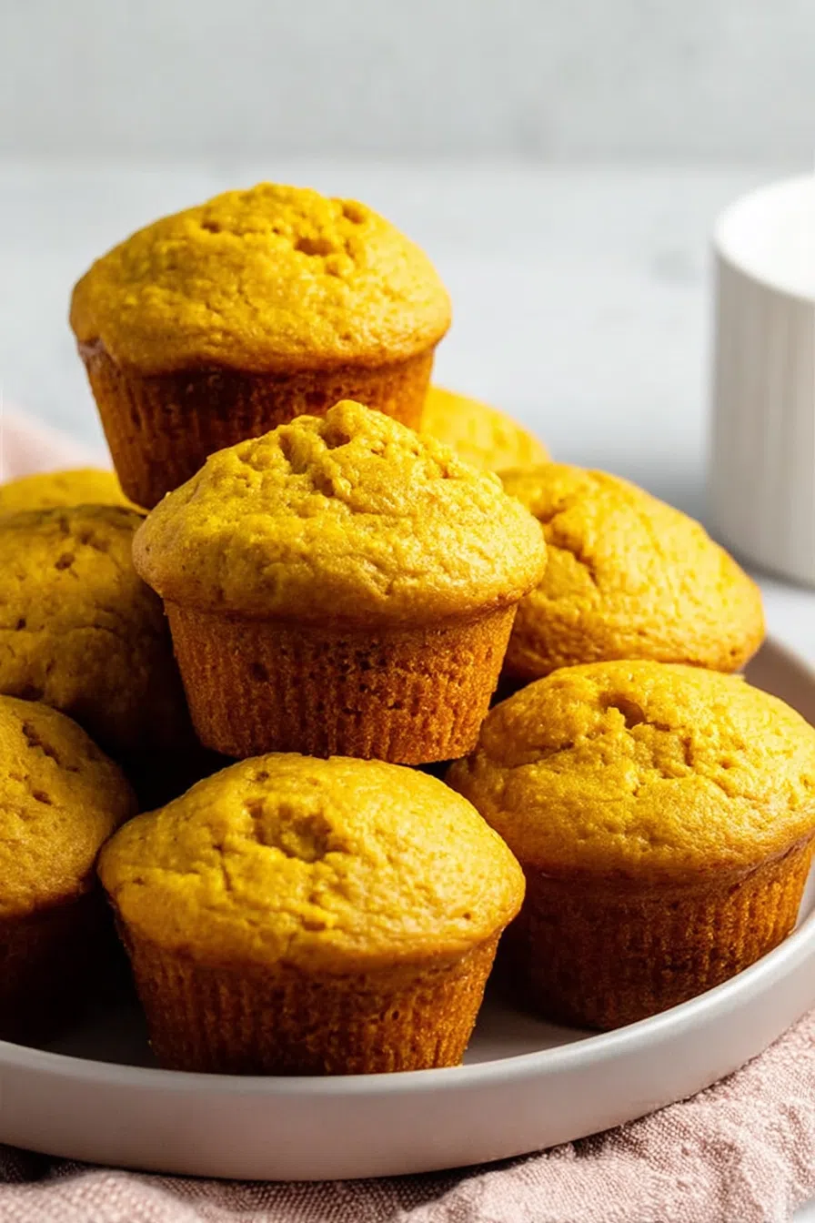 Golden muffins arranged neatly on a serving plate.