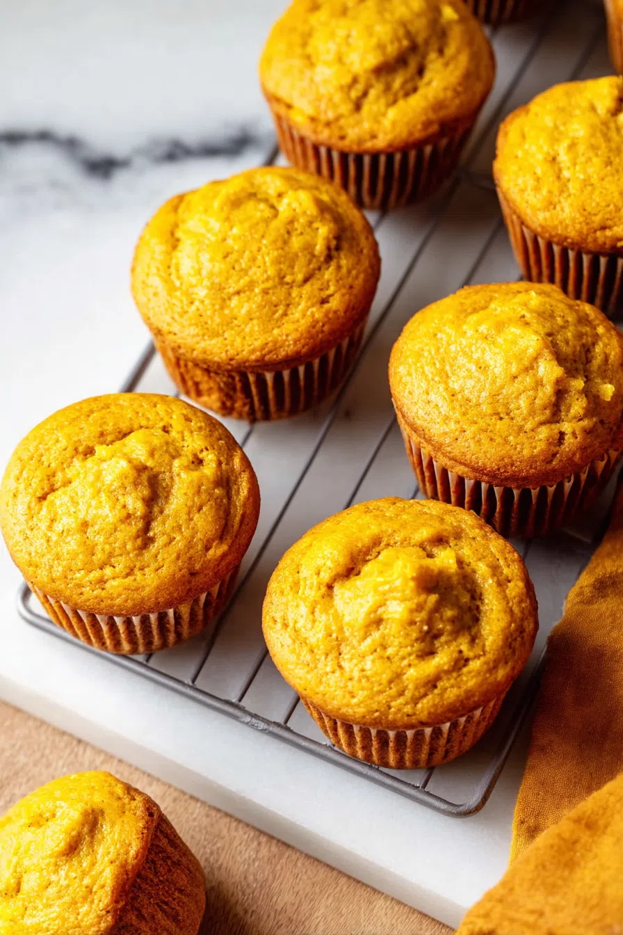Freshly baked muffins arranged on a cooling rack.