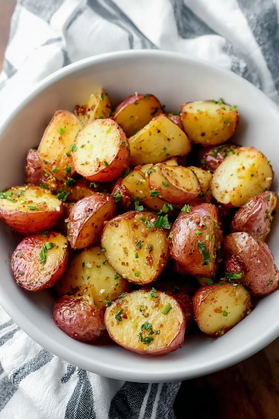 Top-down view of browned potatoes garnished with fresh chopped chives.