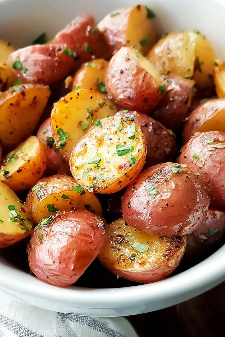 Close-up of crispy potato bites with flecks of seasoning and parsley.