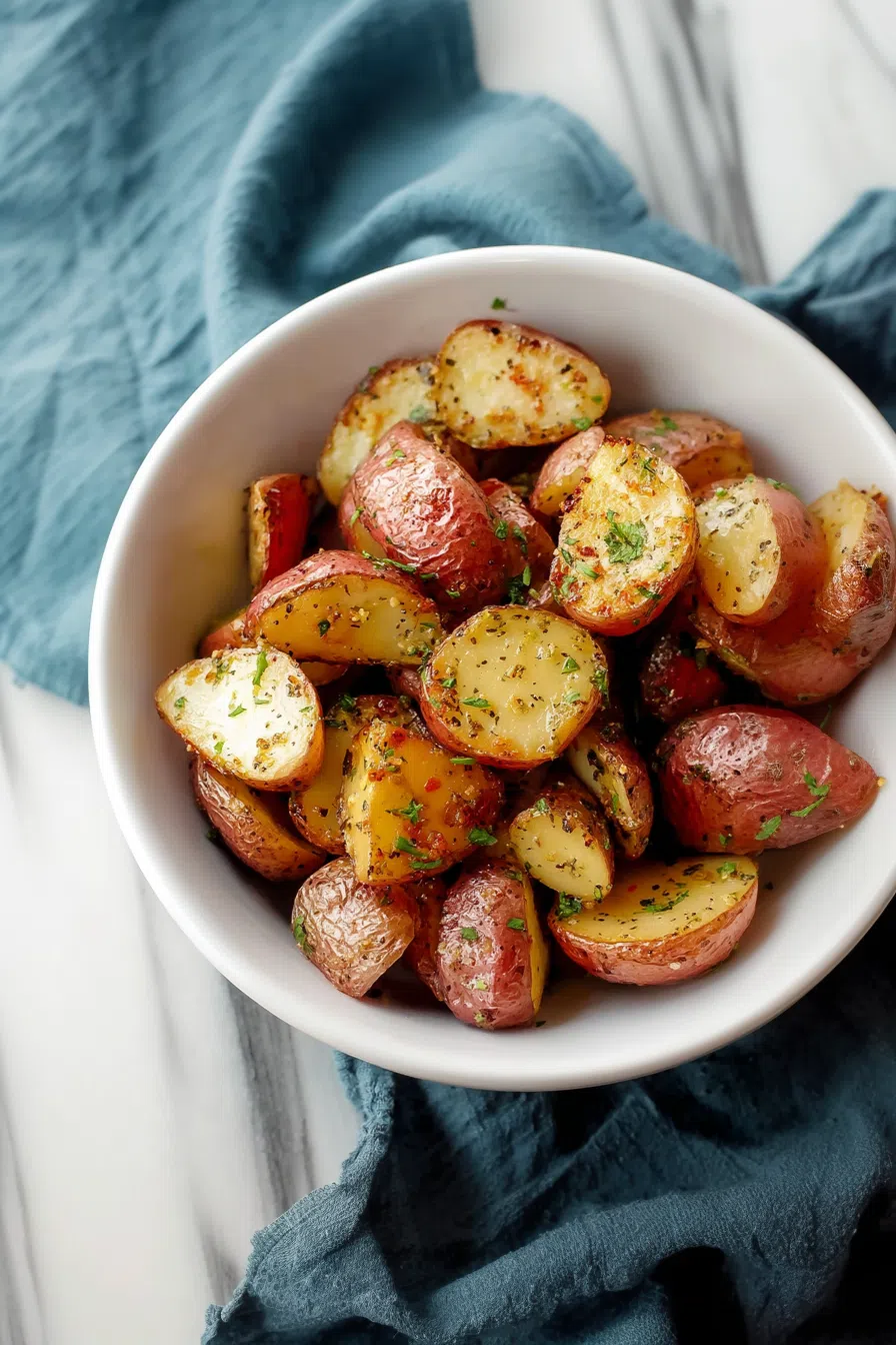Roasted potatoes arranged in a rustic dish on a wooden table with a napkin.