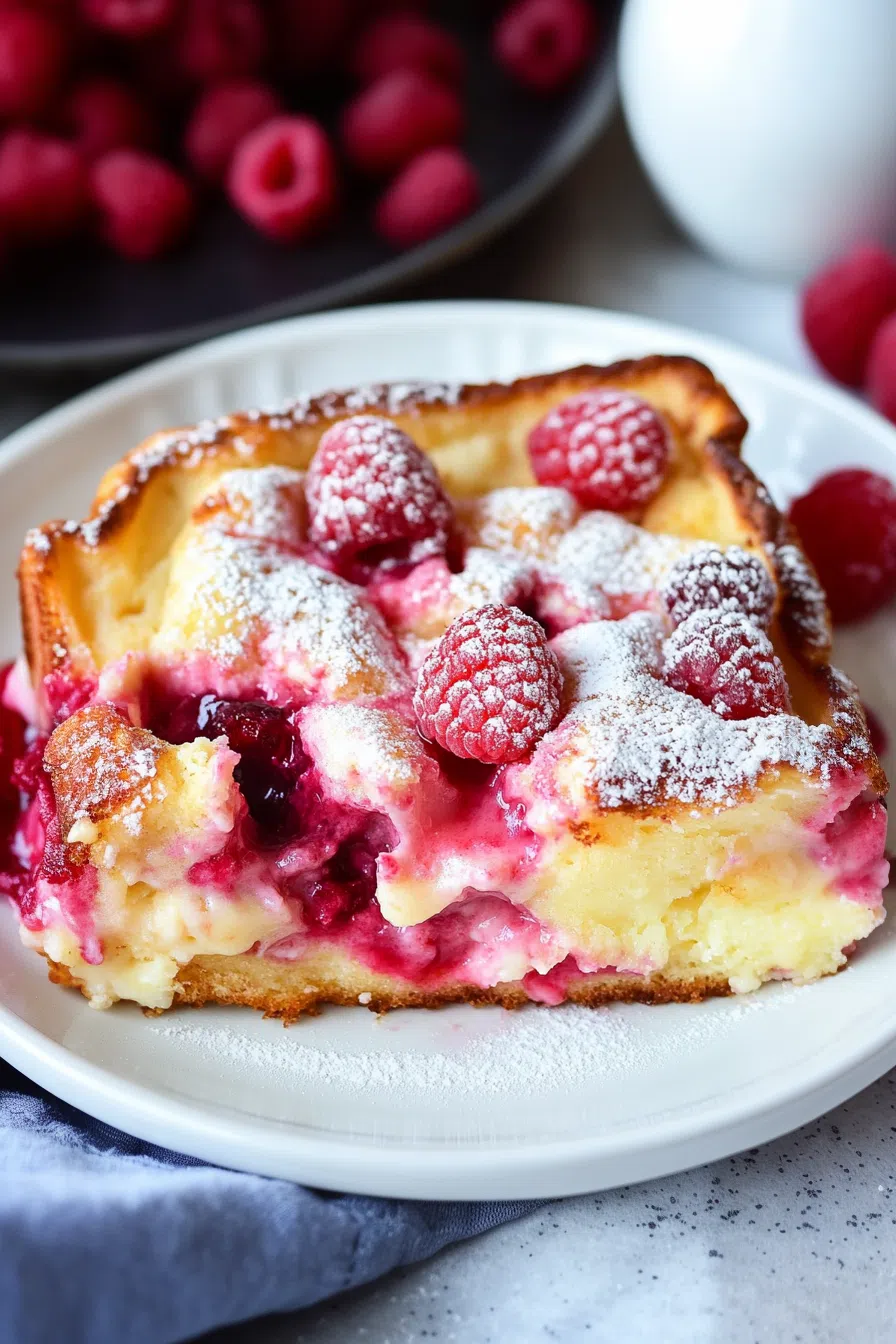 Layered brunch bake with a mix of toasted bread and vibrant berry accents.
