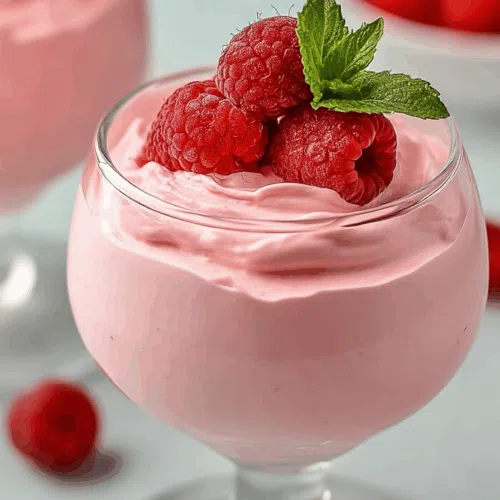 Creamy pink dessert served in elegant glass cups with a garnish of fresh mint.