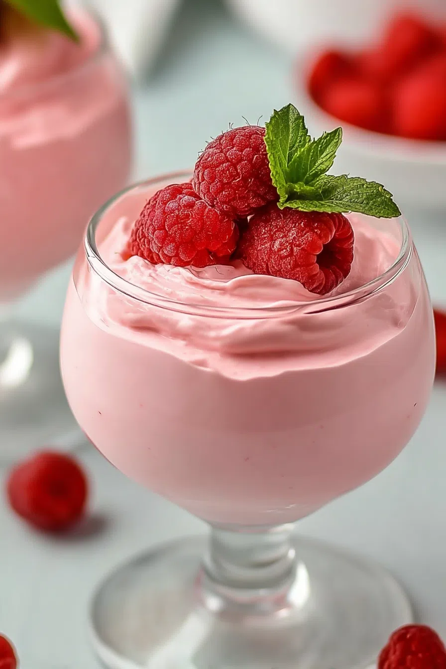 Creamy pink dessert served in elegant glass cups with a garnish of fresh mint.