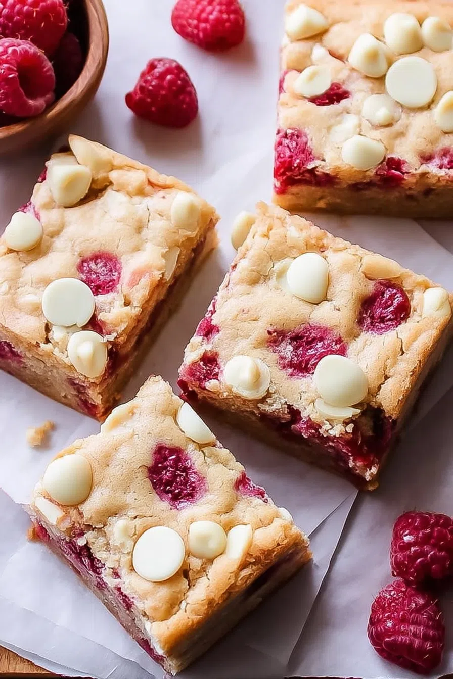 Overhead view of sliced baked squares on a parchment paper.