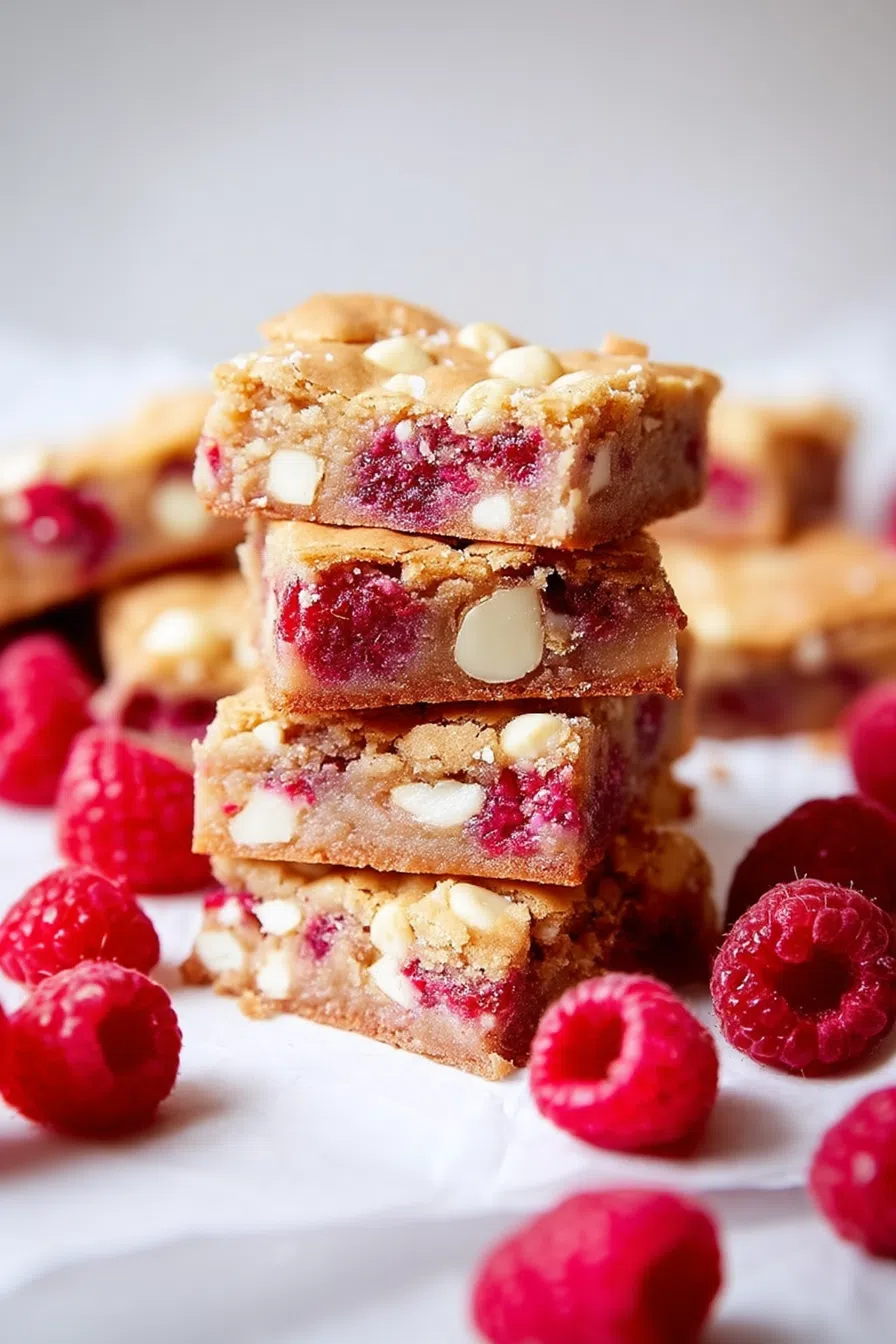 Golden dessert bars with swirls of pink fruit and white chips.