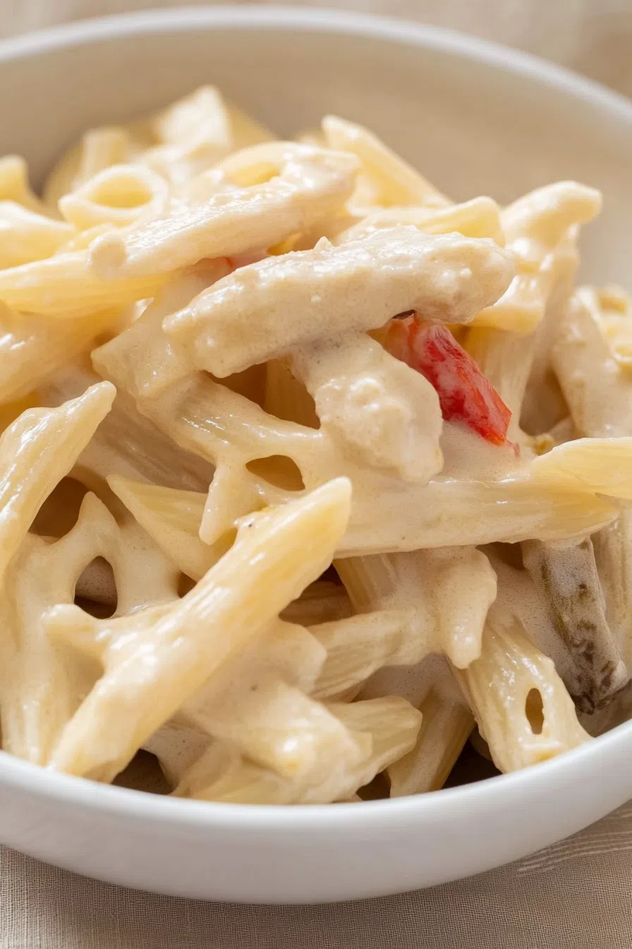Dinner scene featuring a hot plate of pasta with a rich, pepper-speckled sauce.