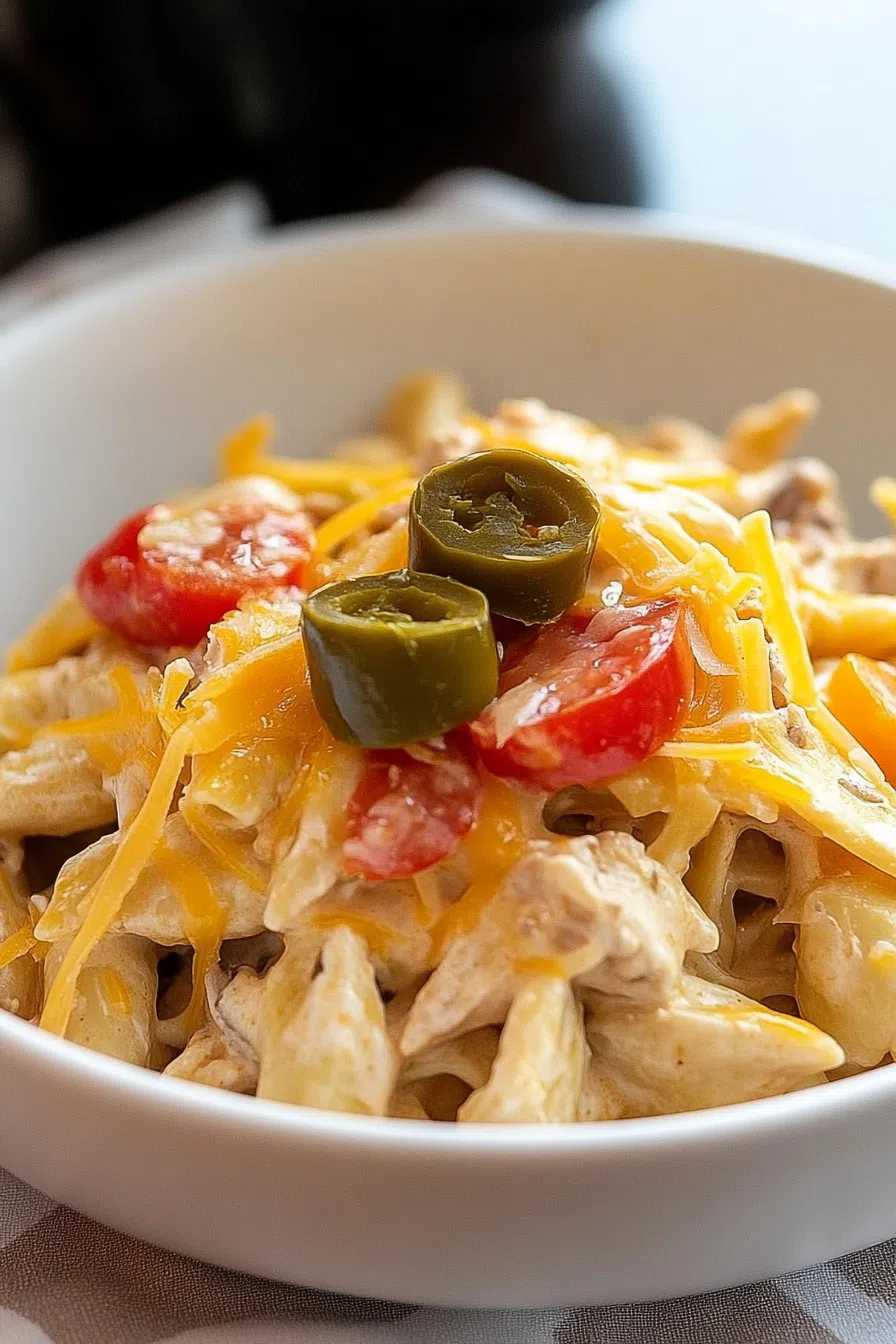 Side angle of a bowl filled with saucy noodles and seared chicken strips, set on a rustic table.