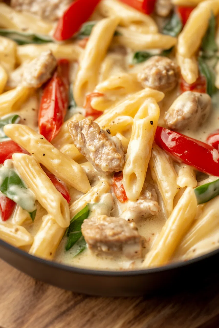 Overhead view of a spicy chicken and penne pasta meal, garnished with chopped parsley.