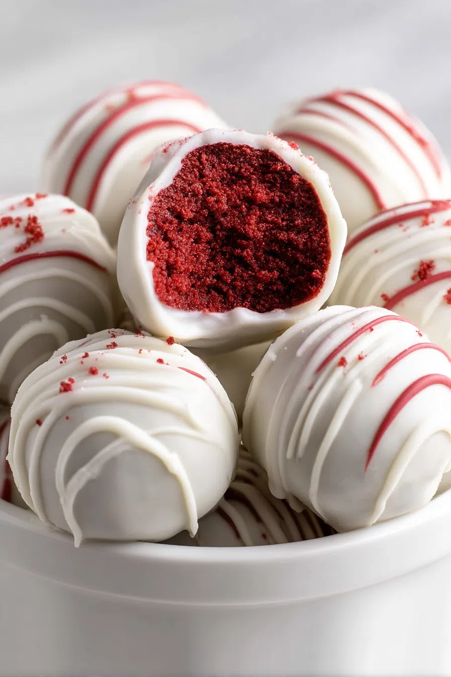 Close-up of dessert balls with a smooth, glossy shell and rich interior.