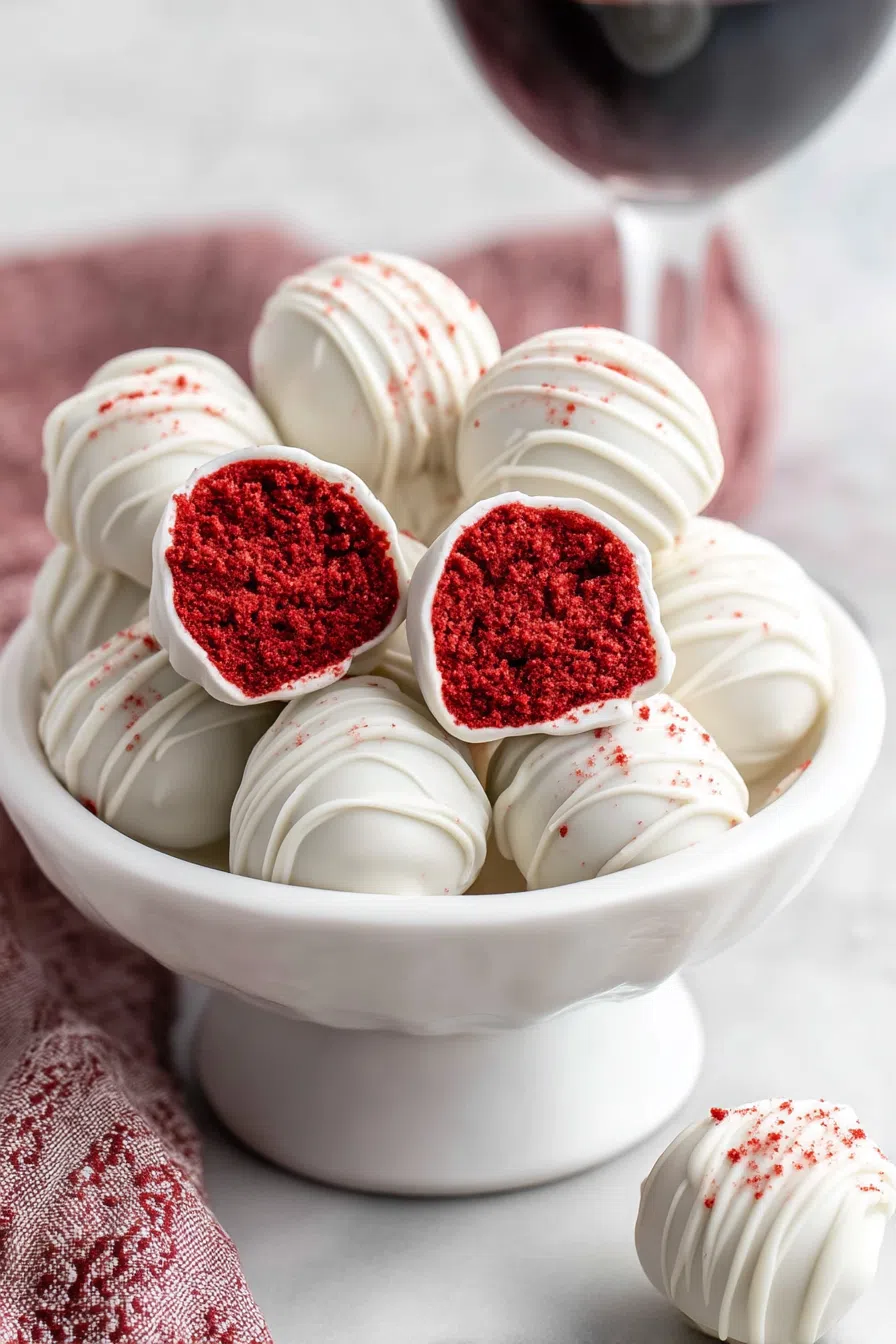 Small round confections drizzled with chocolate on a marble background.