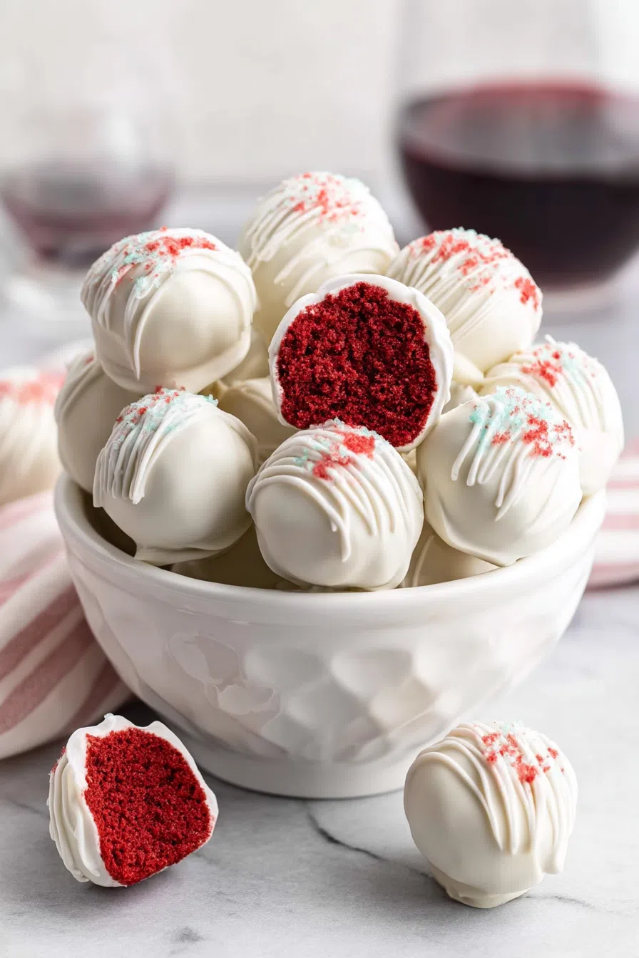 Truffles with a red interior and white chocolate coating, artfully displayed.