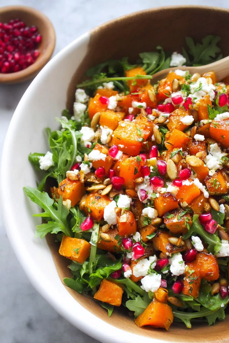 Close-up of golden squash pieces mixed with leafy greens and toppings.