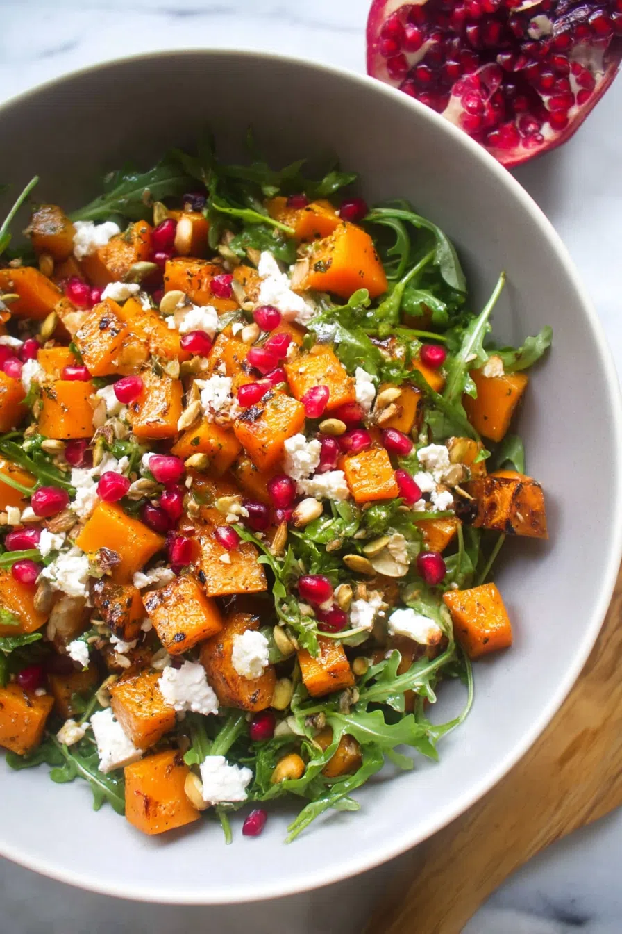 Warm roasted vegetables paired with fresh greens on a serving platter.