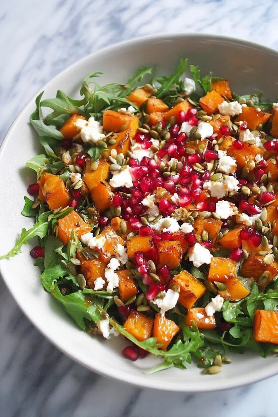 Colorful salad arranged in a shallow bowl with vibrant fall vegetables.