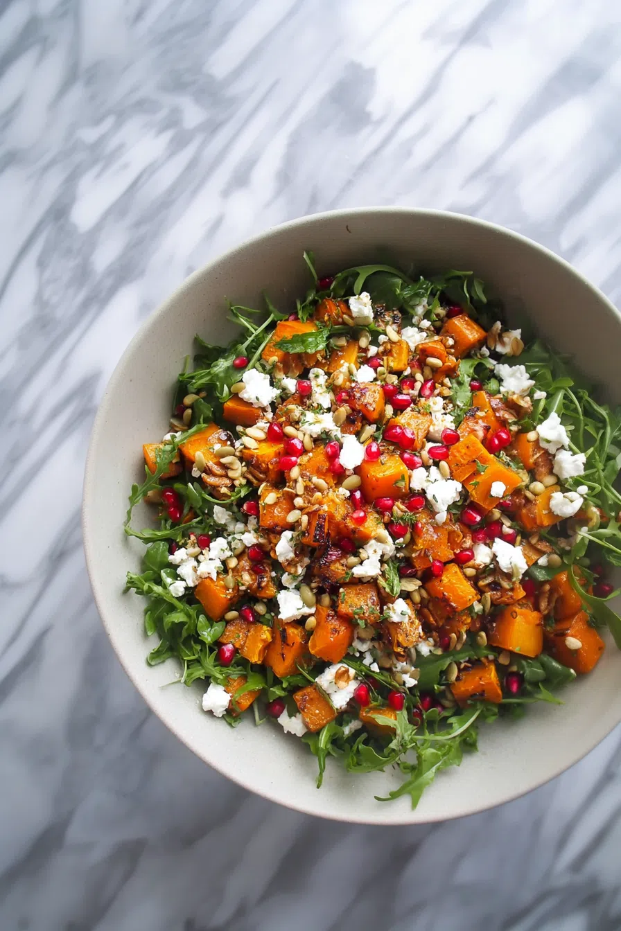 Top-down view of a colorful salad with golden cubes and fresh herbs.
