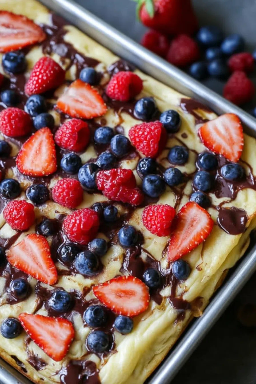 Baked pancake pieces topped with fresh berries and powdered sugar.