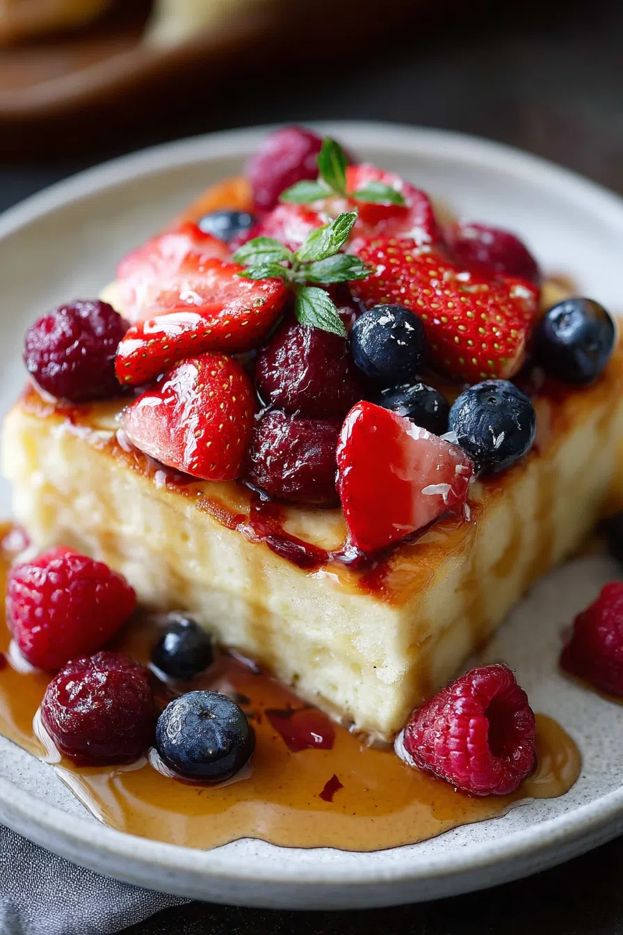 Served portion of pancake squares on a plate with a side of fruit.