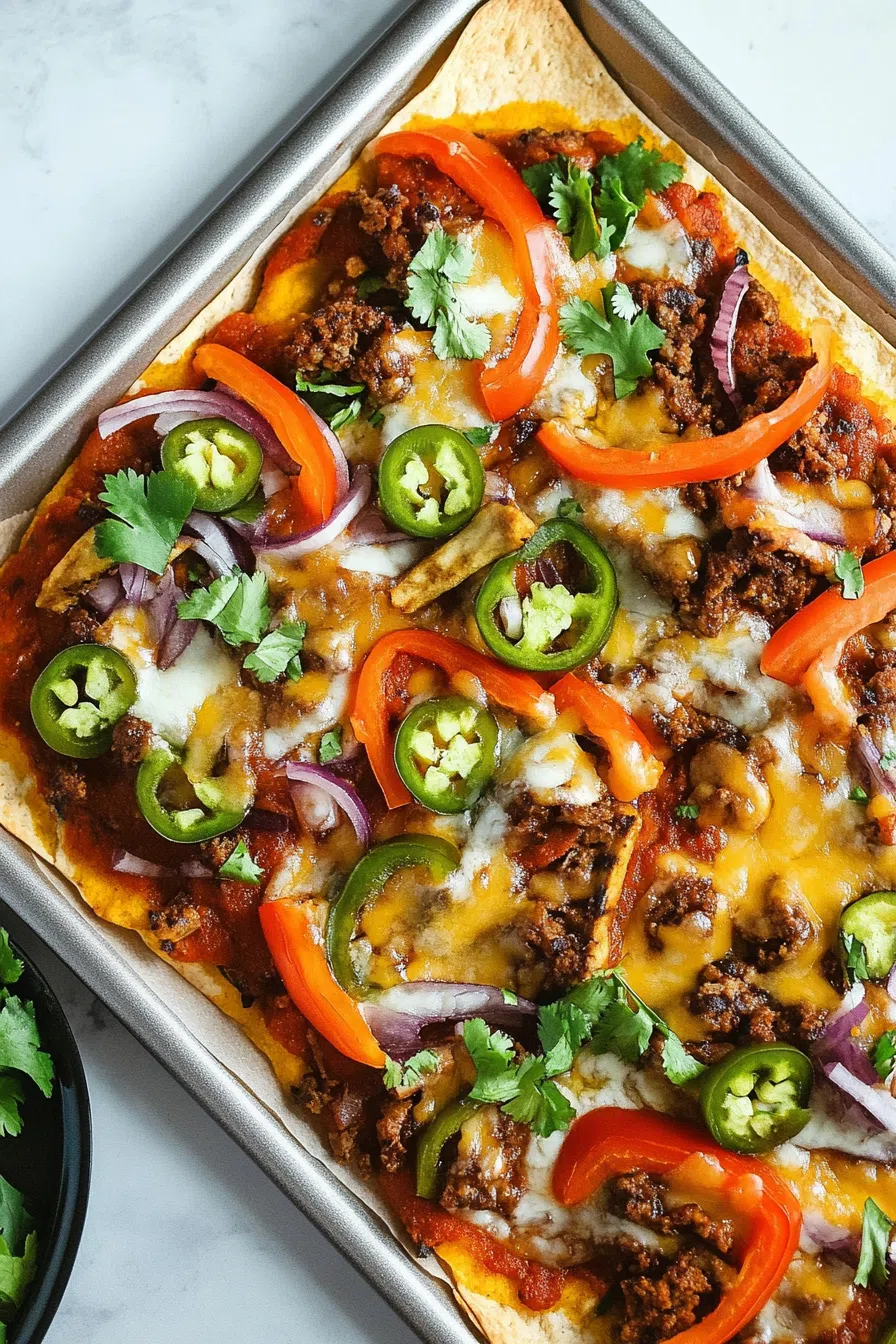 Baked dish with a crunchy base and vibrant garnishes, served family-style.