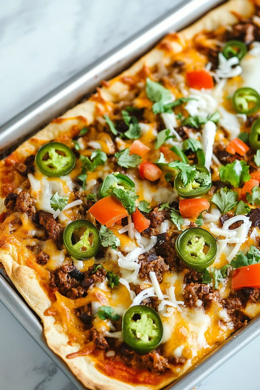 Overhead shot of a loaded savory bake with colorful toppings and a golden-brown crust.