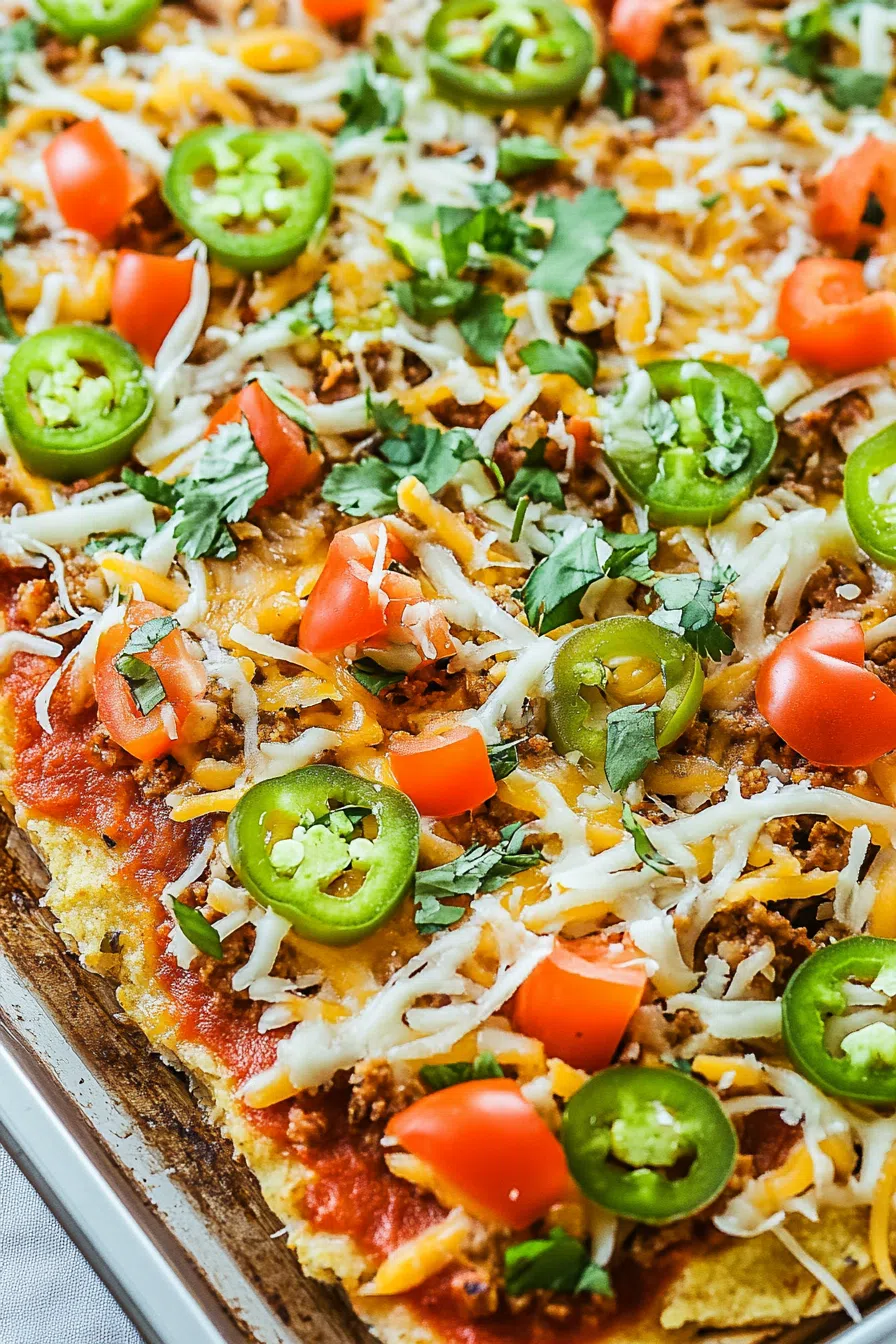Golden crust topped with layers of vibrant vegetables and melted cheese, fresh from the oven.