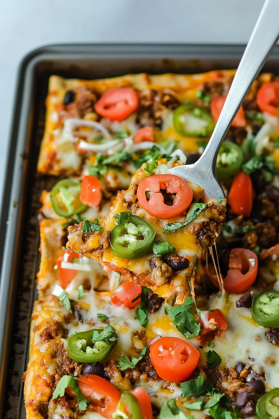 Cheesy, fully-loaded slice lifted from a pan with gooey toppings stretching.