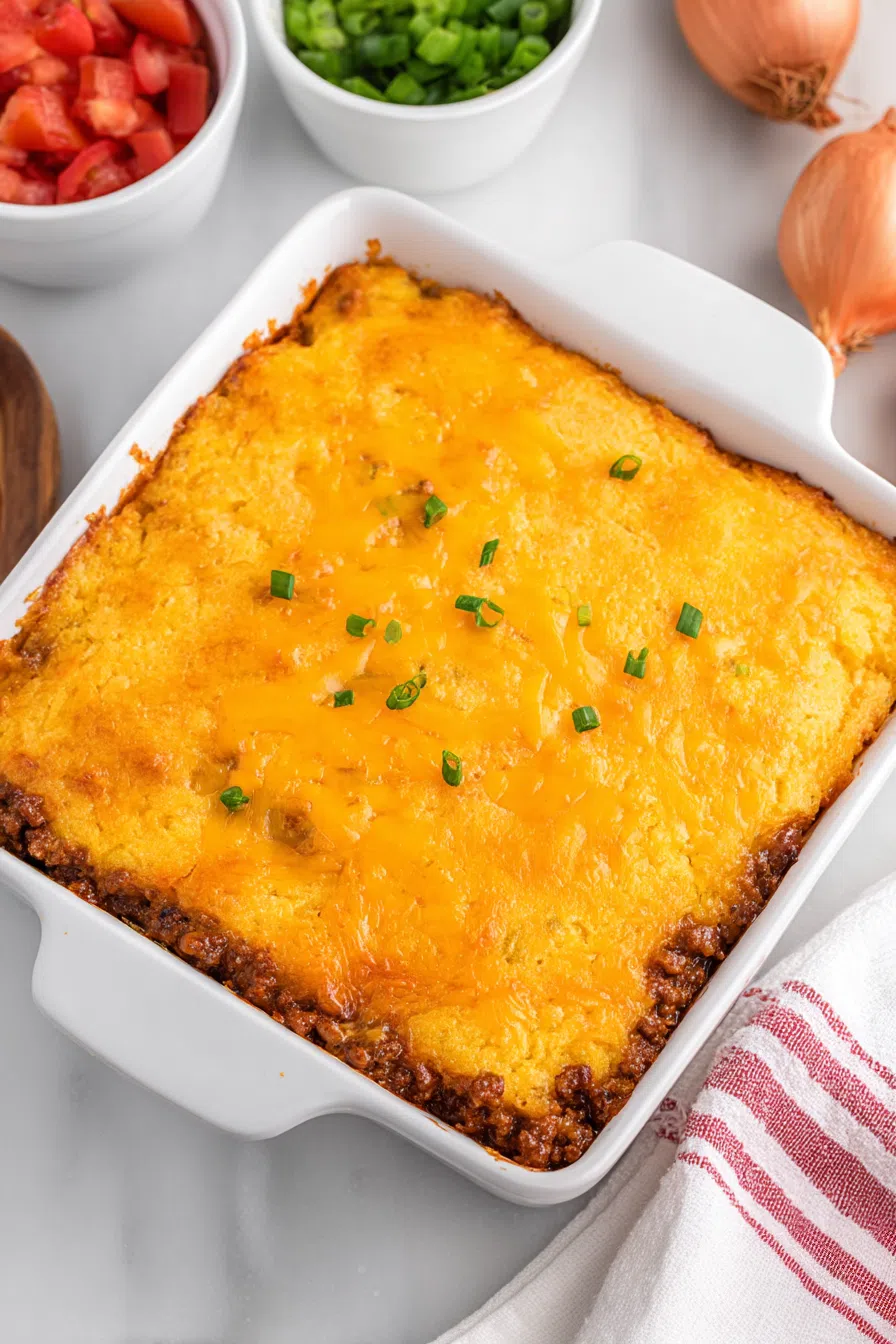 Pan of warm, savory cornbread dish just out of the oven.