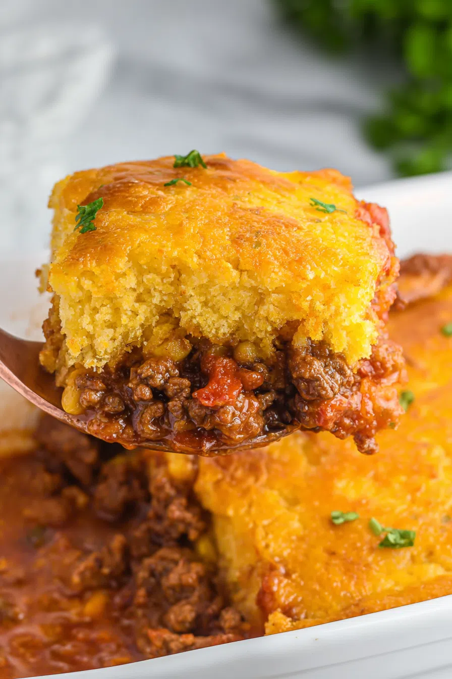 Freshly baked casserole with a golden crust and saucy filling peeking through.