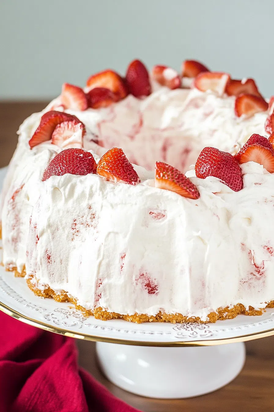 Overhead view of a festive cake with layers of fruit and cream.