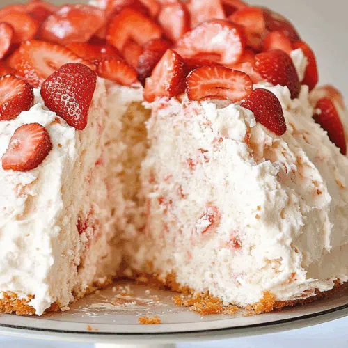 Close-up showing the airy texture of the cake and juicy fruit accents.