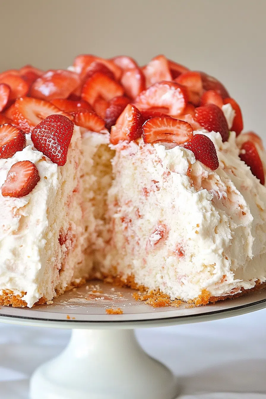 Close-up showing the airy texture of the cake and juicy fruit accents.