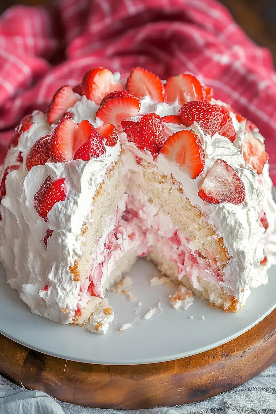 Fluffy white cake served with a vibrant red fruit topping.