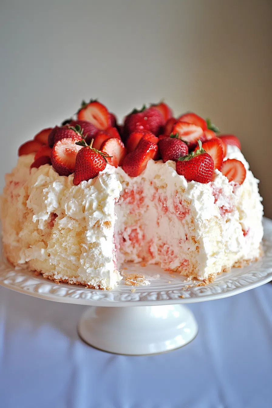 Light and airy dessert topped with fresh berry slices and whipped cream.
