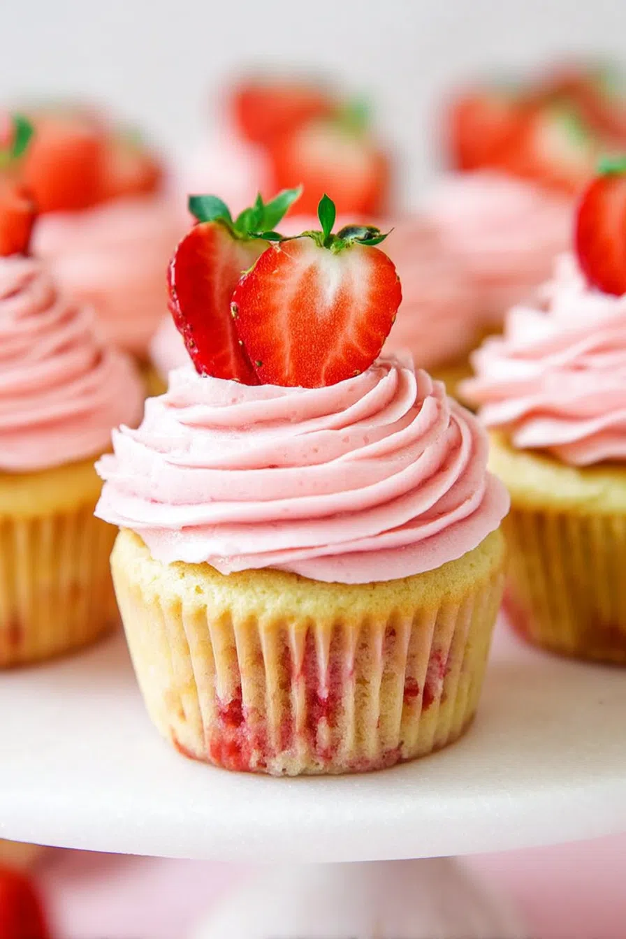 Close-up of pink-frosted cupcakes topped with fresh berries.