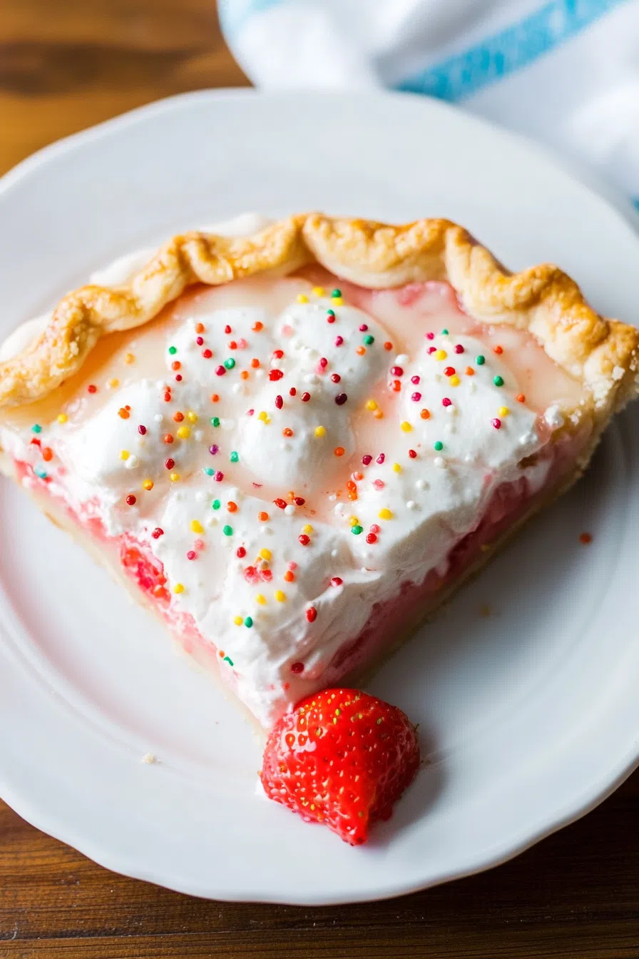 Single plated slice on a white dish with a drizzle of glaze and festive toppings.