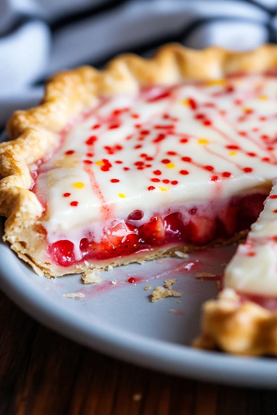 Overhead view of a glossy, fruit-filled dessert with a decorative crust.