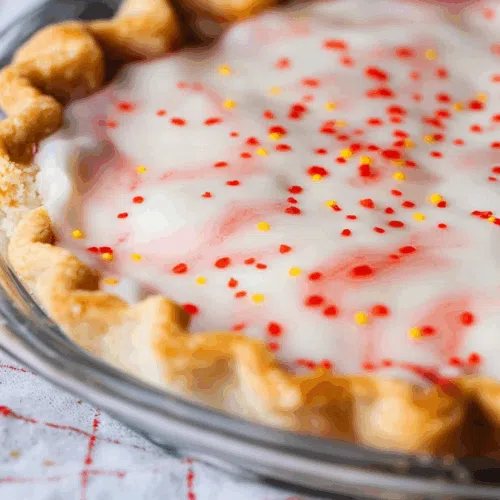 Whole pie with a shiny glaze and festive sprinkles, ready to serve.