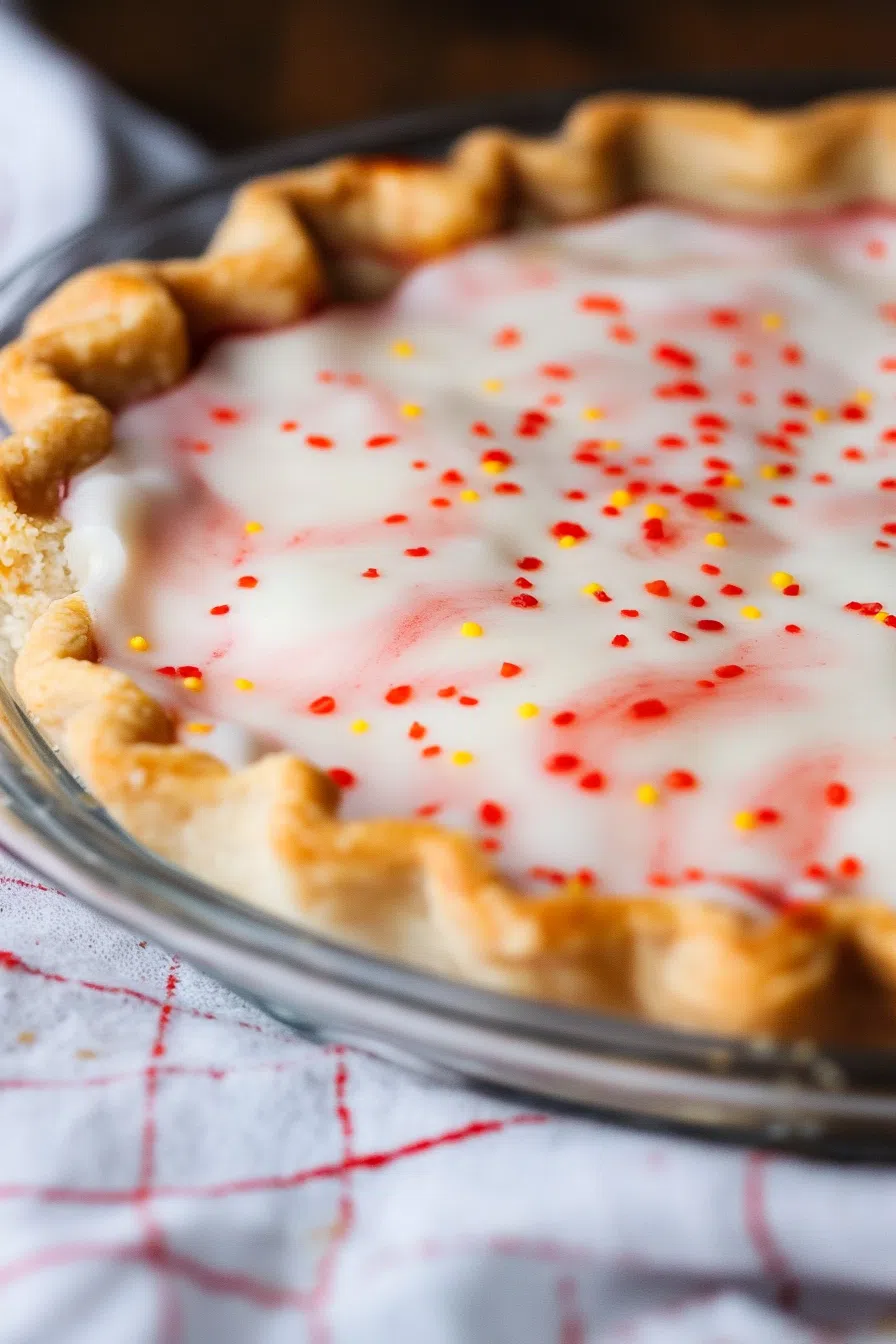 Whole pie with a shiny glaze and festive sprinkles, ready to serve.
