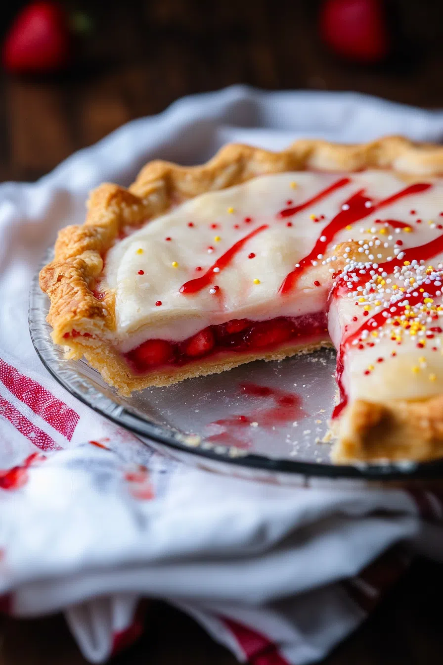 Side angle of a freshly baked treat with layers of crust and vibrant red center.