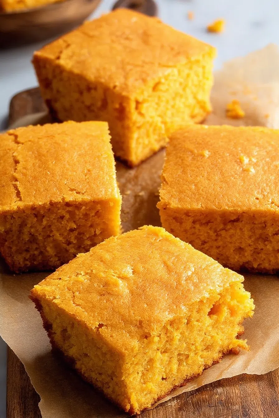 Overhead shot of warm baked squares cooling on parchment paper with a napkin to the side.