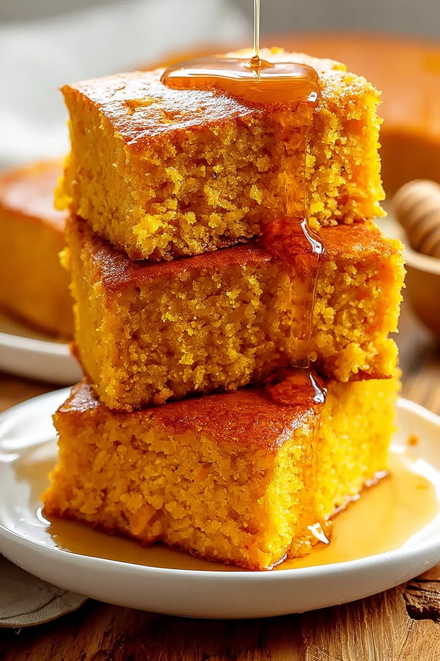 Close-up of moist, fluffy cornbread pieces on a rustic plate with a drizzle of honey nearby.