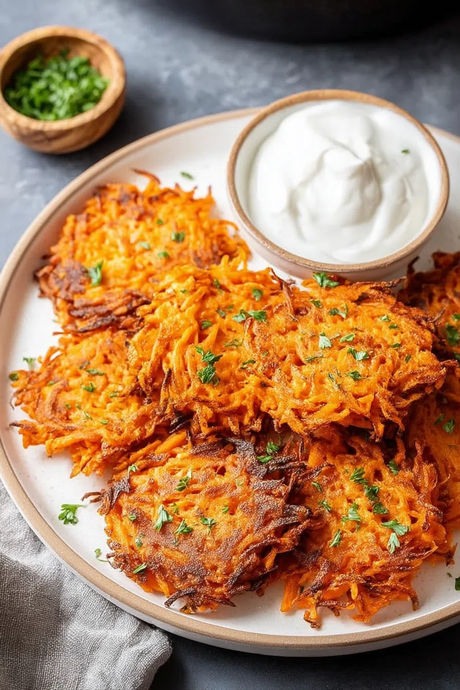 Overhead view of golden patties served with a dipping sauce on the side.