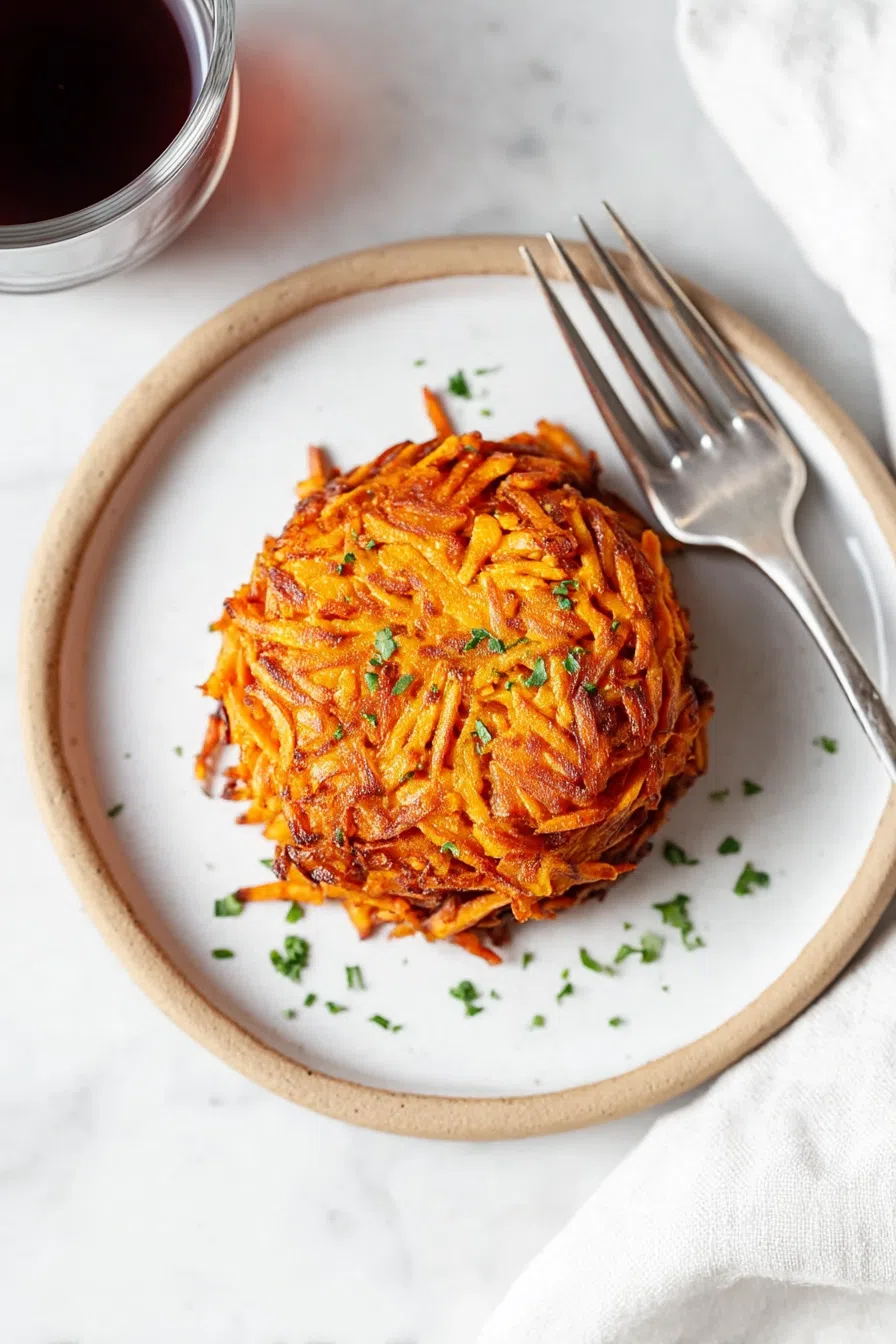 Crispy browned rounds stacked on a white plate, garnished with fresh herbs.