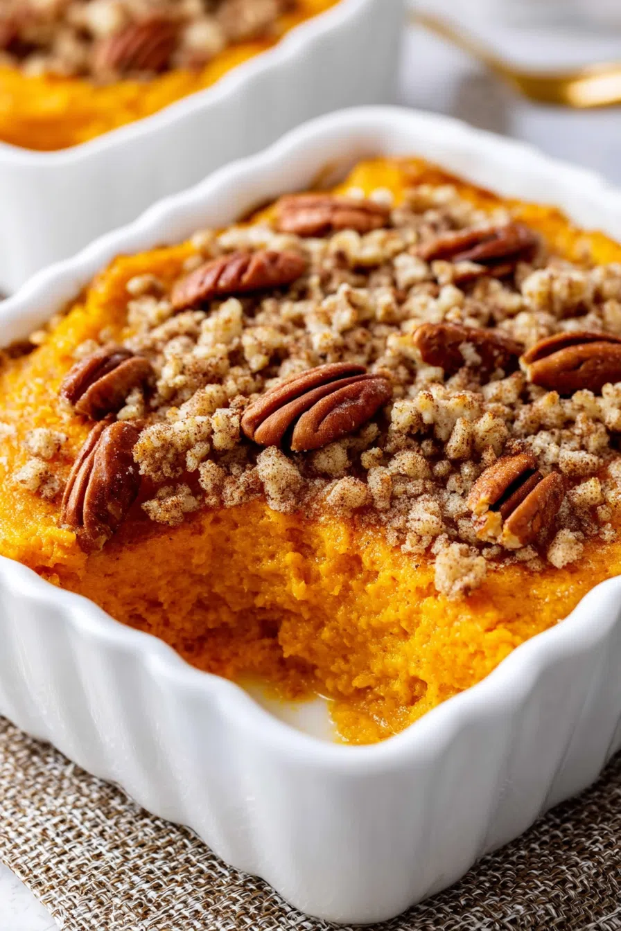 Baked dish presented on a wooden table with a holiday-inspired setting.