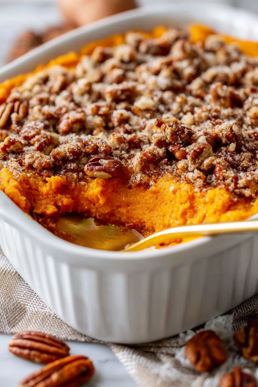 Golden, fluffy casserole served in a white ceramic baking dish.