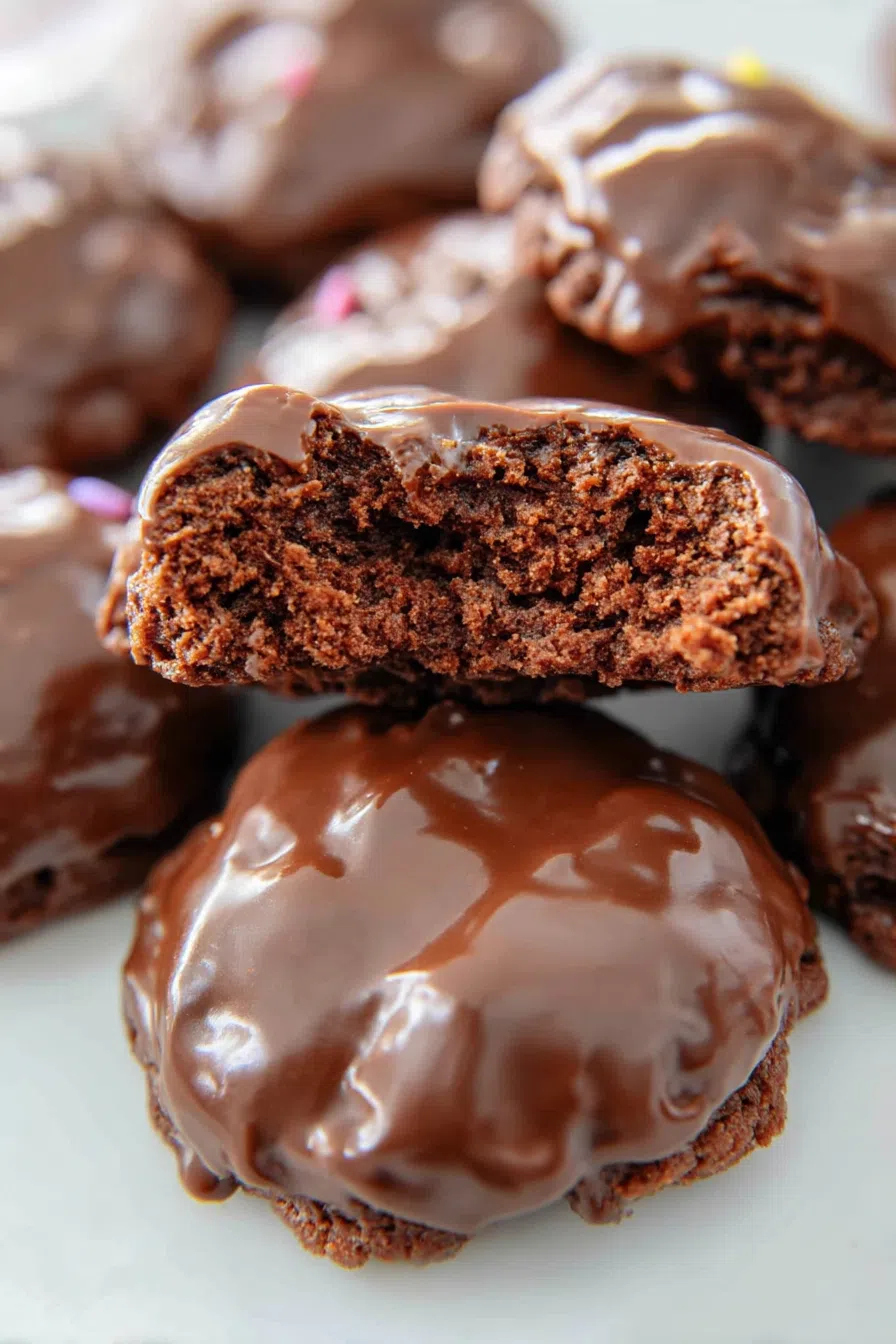 Rich, chocolate-drenched cookies cooling on a white plate.