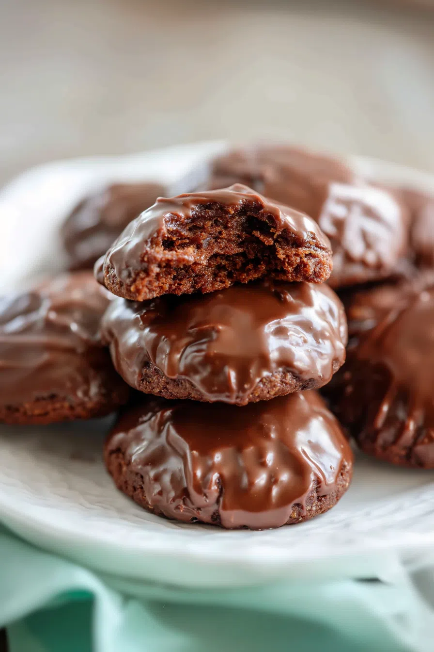 A stack of soft, chocolate cookies on a rustic dessert plate.